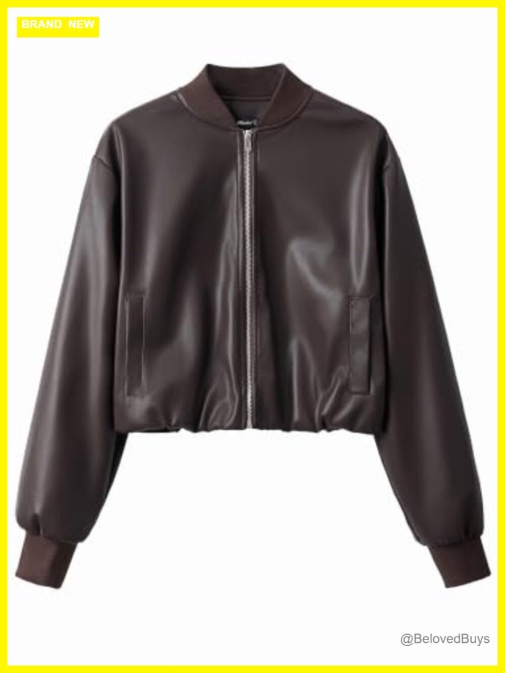 Women's Cropped Faux Leather Zip Up Baseball Jacket with Cotton Ribbed